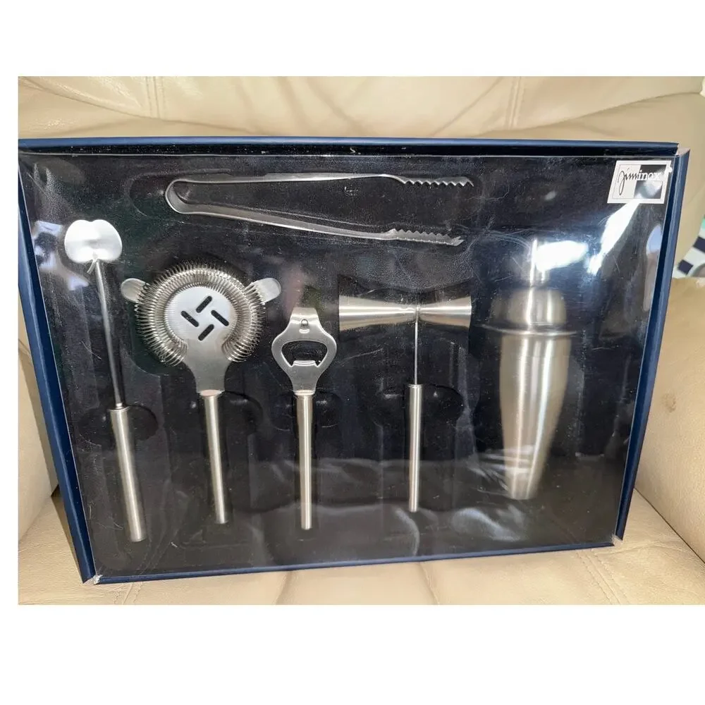 Jiminox Six Piece Bartender Tools Cocktail Shaker, Strainer Opener Double Jigger